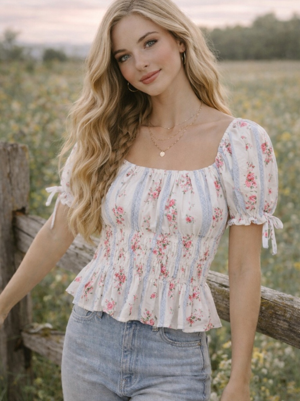 Kingston Grey Smocked Floral Peasant Top milkmaid Prairie Puff Sleeve Size L